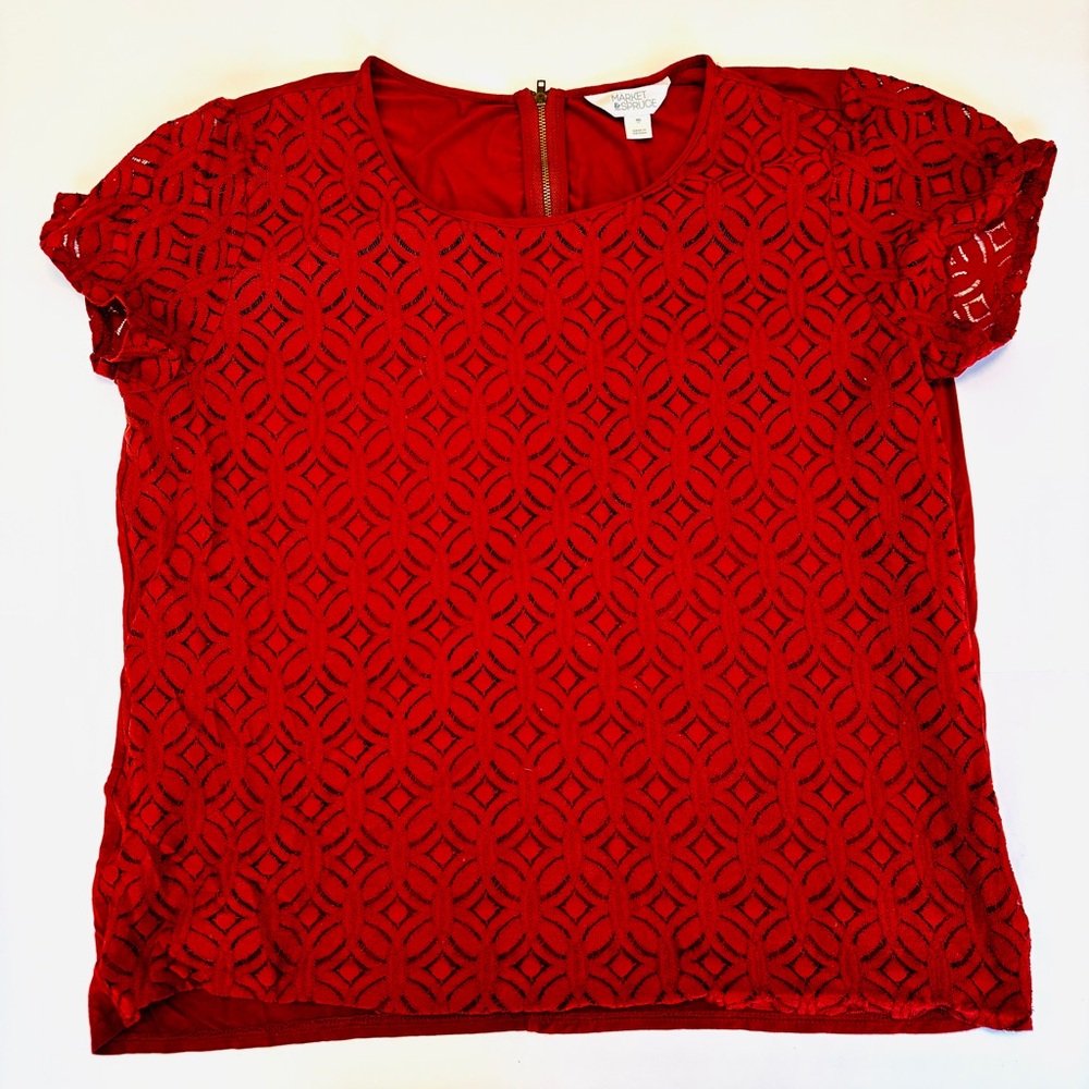 Market & Spruce XXL Rust Red Lace Overlay Blouse Back Zip Short Sleeve